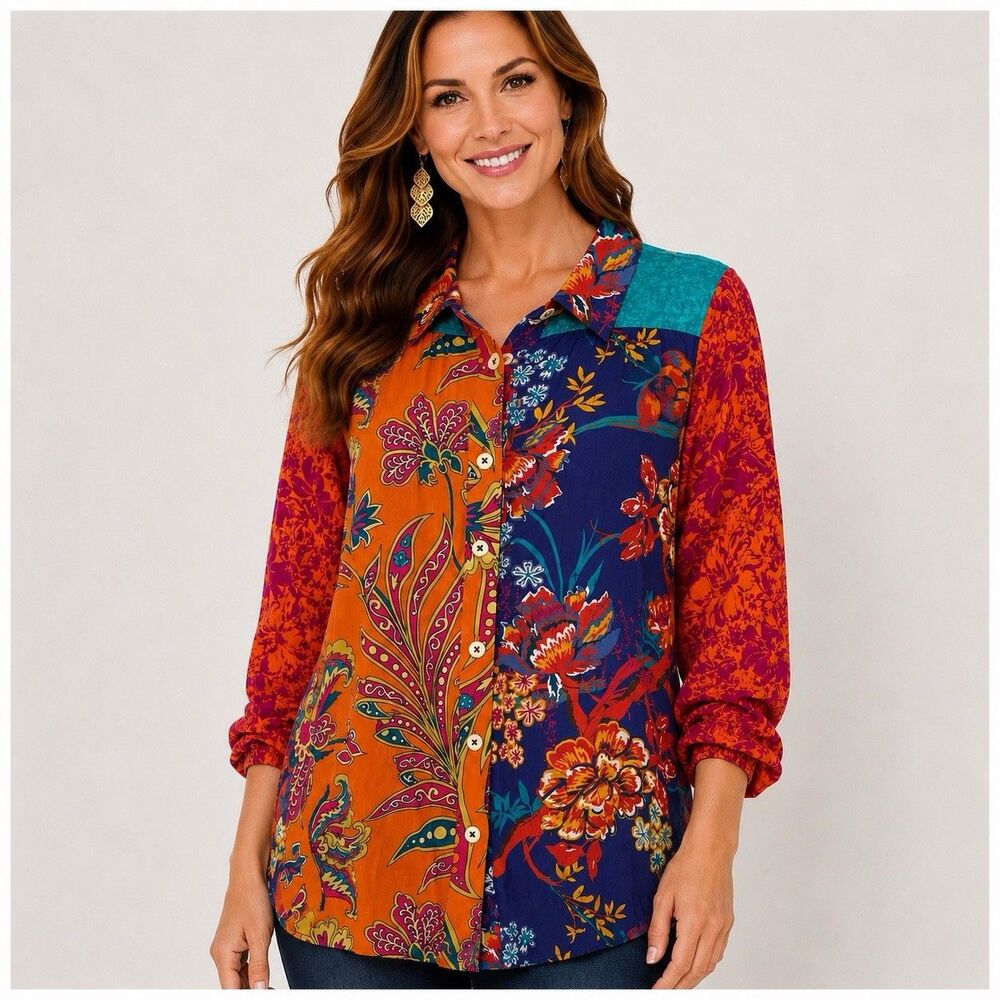 Soft Surroundings Womens XS Shirt Hermosa Tunic‎ Patchwork Button Up Embroidery